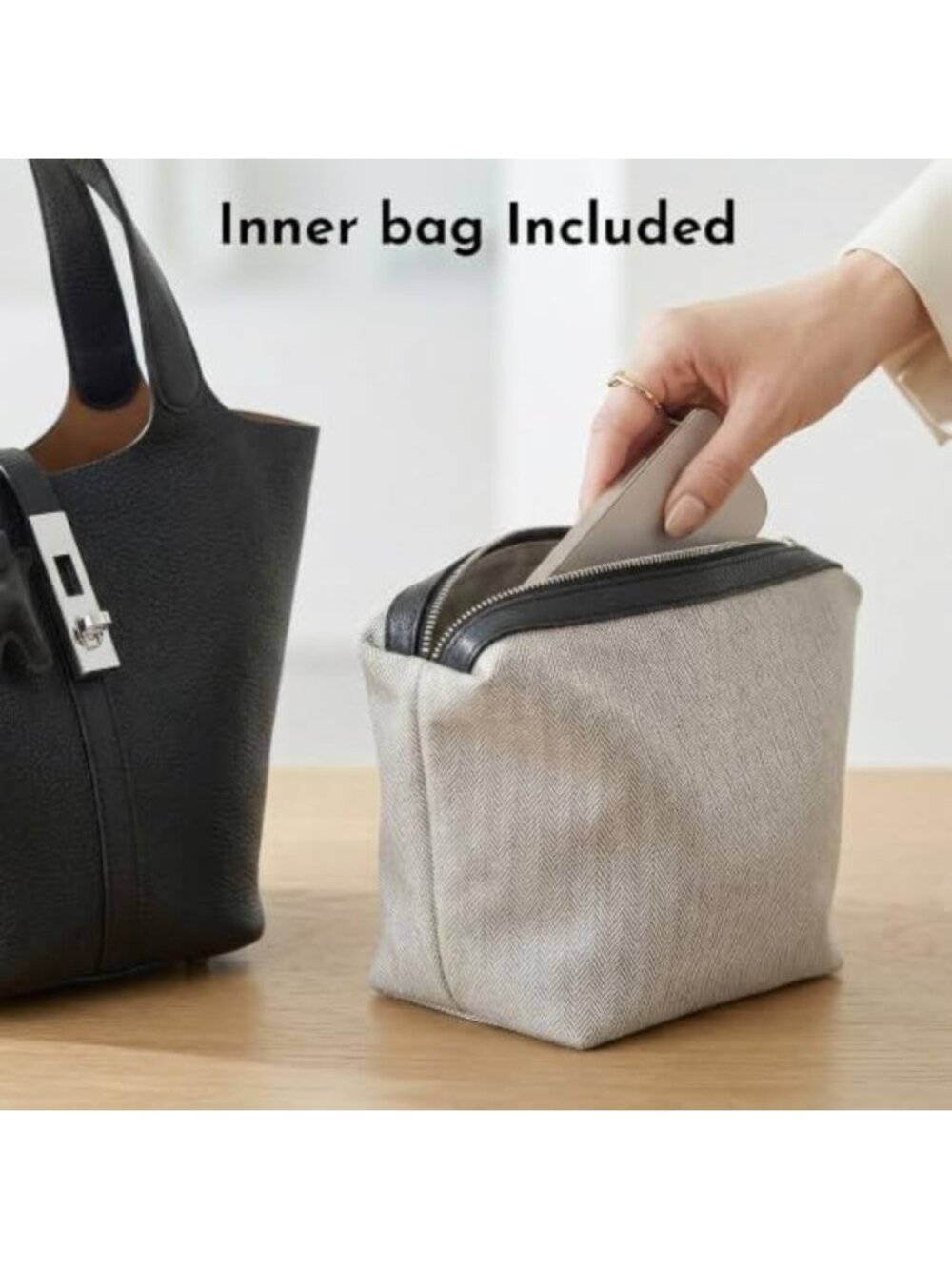 Stylish Vegan Leather Tote Bag for Women - Bucket Handbag with Detachable Purse - Picture 3 of 6